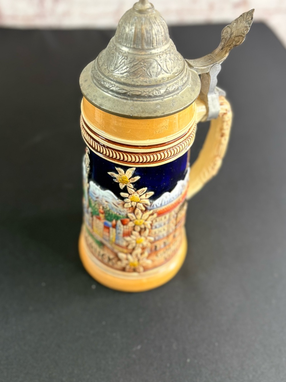 Decorative Ceramic Beer Stein with Pewter Lid - Blue and Yellow